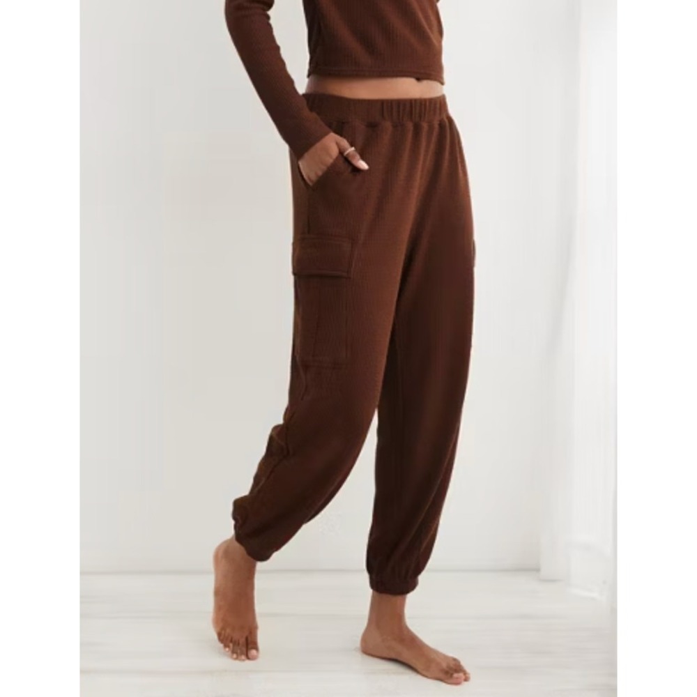 Aerie Traveler Brown Waffle Knit Cargo Joggers High Rise Lounge Pants Large